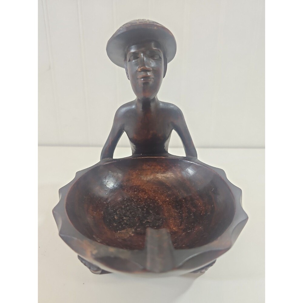 Vintage Hand Carved Wooden Ashtray Man With Hat Holding a Washing Bowl